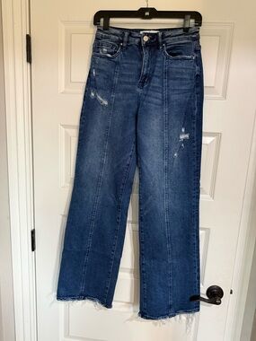 High-Rise Wide Leg Distressed Denim Jeans in Dark Blue